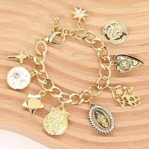 Gold Chain Link Lady Guadalupe Cross Hamsa Heart Star Religious Charm Bracelet